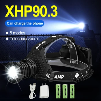 Перезаряжаемый через USB мощный светодиодный налобный фонарь XHP90.3, супер яркий 18650 Литиевый головной фонарь большой емкости, портативная прожекторная лампа