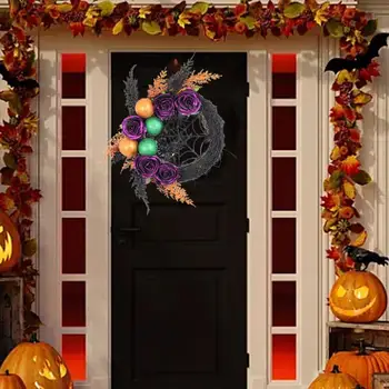 Украшение крыльца на Хэллоуин, Жуткий венок на Хэллоуин, привлекающая внимание гирлянда у входной двери с искусственными розами, Домашний фестиваль