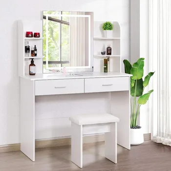 Туалетный столик для макияжа VIVOHOME с 3-цветным Зеркалом с Регулируемой Яркостью, 6 Полками для хранения, 2 Выдвижными ящиками, Табурет с подушкой, Белый