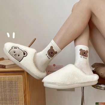 Теплые милые тапочки из меха животных для женщин и мужчин, модные кавайные пушистые зимние теплые тапочки для любителей домашней обуви с плюшевым мишкой из мультфильма