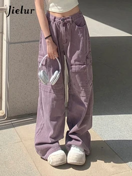Jielur Фиолетовые винтажные джинсы-карго, американский стиль, однотонные сексуальные свободные женские брюки с высокой талией, модные женские джинсы