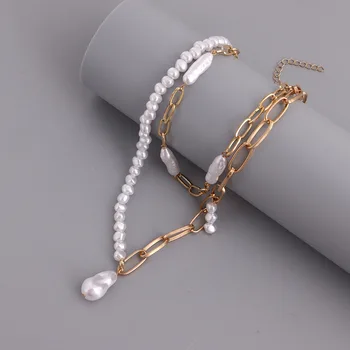 Linda, Многослойное жемчужное ожерелье-чокер для женщин, Модная подвеска, Длинное ожерелье, звено цепи, Двухслойные геометрические украшения для шеи