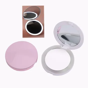 Персонализированное зеркало для макияжа со светодиодной подсветкой, розовое / белое, складывающееся с двусторонними сторонами, портативное маленькое зеркало с 5-кратным увеличением