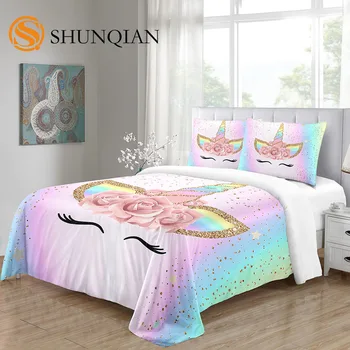 Изготовленный на заказ 3D принт Rainbow Unicorn Girl King Queen Twin Полные комплекты постельного белья Односпальная двуспальная кровать Комплект пододеяльников и наволочка из 2 предметов