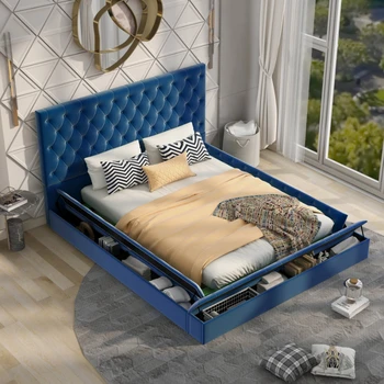 Кровать с классической обивкой, низкопрофильная кровать-платформа для хранения, с местом для хранения и подножкой, для молодежной спальни для взрослых