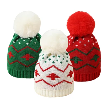 Детская Рождественская шапка, теплая вязаная шапка с большим помпоном, детские шапочки-бини для девочек и мальчиков, осенне-зимние аксессуары для младенцев, подарок на Новый год