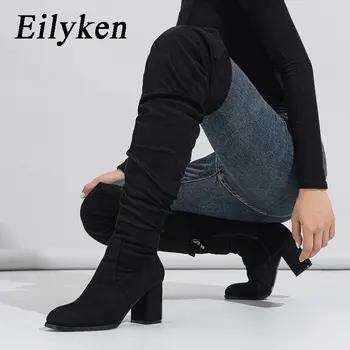 Eilyken / Новинка 2023 года; Зимние Женские сапоги выше колена на молнии; Модная обувь из Флока На квадратном каблуке До бедра; Botas De Mujer