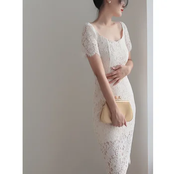 Белое кружевное платье, тонкое, лето 2023, новый французский стиль, уникальное и высококачественное, сексуальная юбка на талии