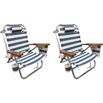 (Комплект из 2 предметов) 5-позиционный алюминиевый пляжный стул - синий / белый стиль