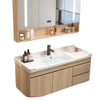 Легкая Роскошная Встроенная керамическая раковина из массива дерева, шкаф для ванной комнаты, столик для ванной комнаты, набор шкафов для умывания ручной стирки