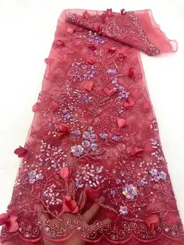 Африканская кружевная ткань с 3D цветочной вышивкой, украшенная жемчугом, французским бисером, сетчатая тюлевая кружевная ткань для нигерийского свадебного платья, 5 ярдов