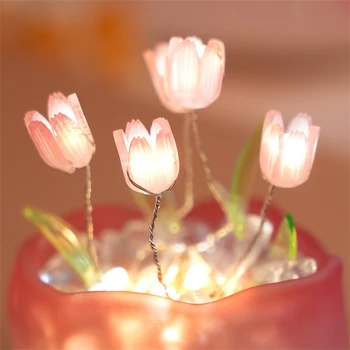 Светодиодный ночник с тюльпаном ручной работы, настольная лампа с искусственным цветком, имитация тюльпана ручной работы, подарки на день рождения, светильник
