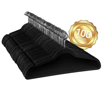 Комплект из 100 предметов бархатных тонких войлочных вешалок черного цвета с поворотными крючками из нержавеющей стали, выполненных из прочного фетра.