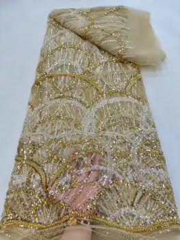 Роскошный Африканский жених, кружевная ткань с блестками, Высококачественная 2023, Тяжелая вышивка бисером, Французский тюль, кружевное Нигерийское свадебное платье