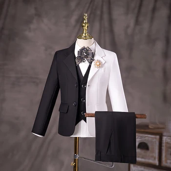 Свадебный костюм для мальчиков, черно-белый комплект из трех предметов, детский сценический костюм, детский комплект с цветами