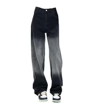 Весна-осень, черные выстиранные градиентные прямые джинсы, мужские и женские уличные широкие брюки, модные брюки