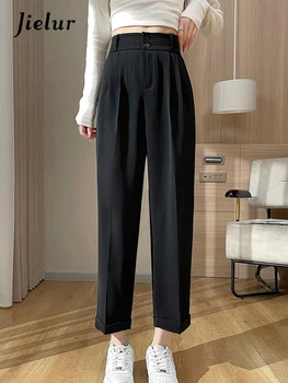 Jielur, черный костюм с высокой талией, шаровары, Свободные прямые однотонные женские брюки на двойных пуговицах, шикарная молния, простые офисные женские брюки