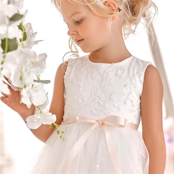Белые блестящие тюлевые аппликации, платья для девочек в цветочек, Розовый пояс на молнии без рукавов для свадьбы, дня рождения, платья для первого причастия