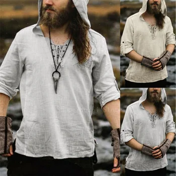 Мужская ретро средневековая пиратская рубашка для косплея Викингов, винтажная повседневная мужская льняная туника с капюшоном, туника в скандинавском стиле эпохи Возрождения, Бандажная футболка