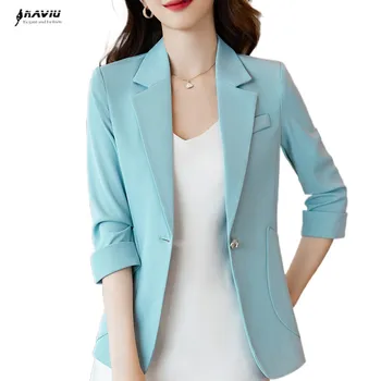 NAVIU Синий блейзер для женщин с коротким рукавом, новинка 2023, летняя темпераментная деловая Приталенная повседневная куртка, Офисное женское рабочее пальто, черный
