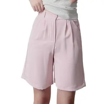 Женские шорты с высокой талией и эластичным поясом, карманы на пуговицах, длина до колен, прямые широкие брюки, Короткие брюки, женская уличная одежда