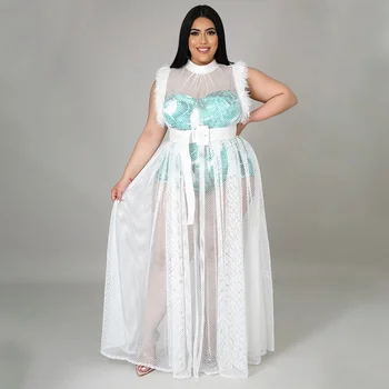 Комплект WUHE Plus Size, женский комбинезон с принтом на бретелях, Сетчатое прозрачное длинное платье без рукавов, два комплекта из 2 предметов, сексуальная уличная одежда, лето