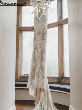 Свадебные платья русалки с V-образным вырезом цвета шампанского и иллюзией спины, аппликации без рукавов, кружевные свадебные платья Robe De Mariée