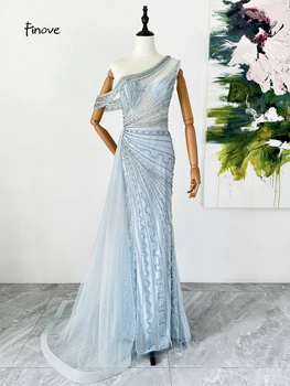 Finove Новое светло-голубое сексуальное свадебное вечернее платье с одним плечом в корейском стиле, женское элегантное вечернее платье с пайетками 2023